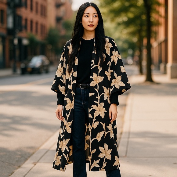Anthropologie Maison Du Soir Romantic Boho Kimono Robe Floral Black L/XL Spring - Picture 1 of 8